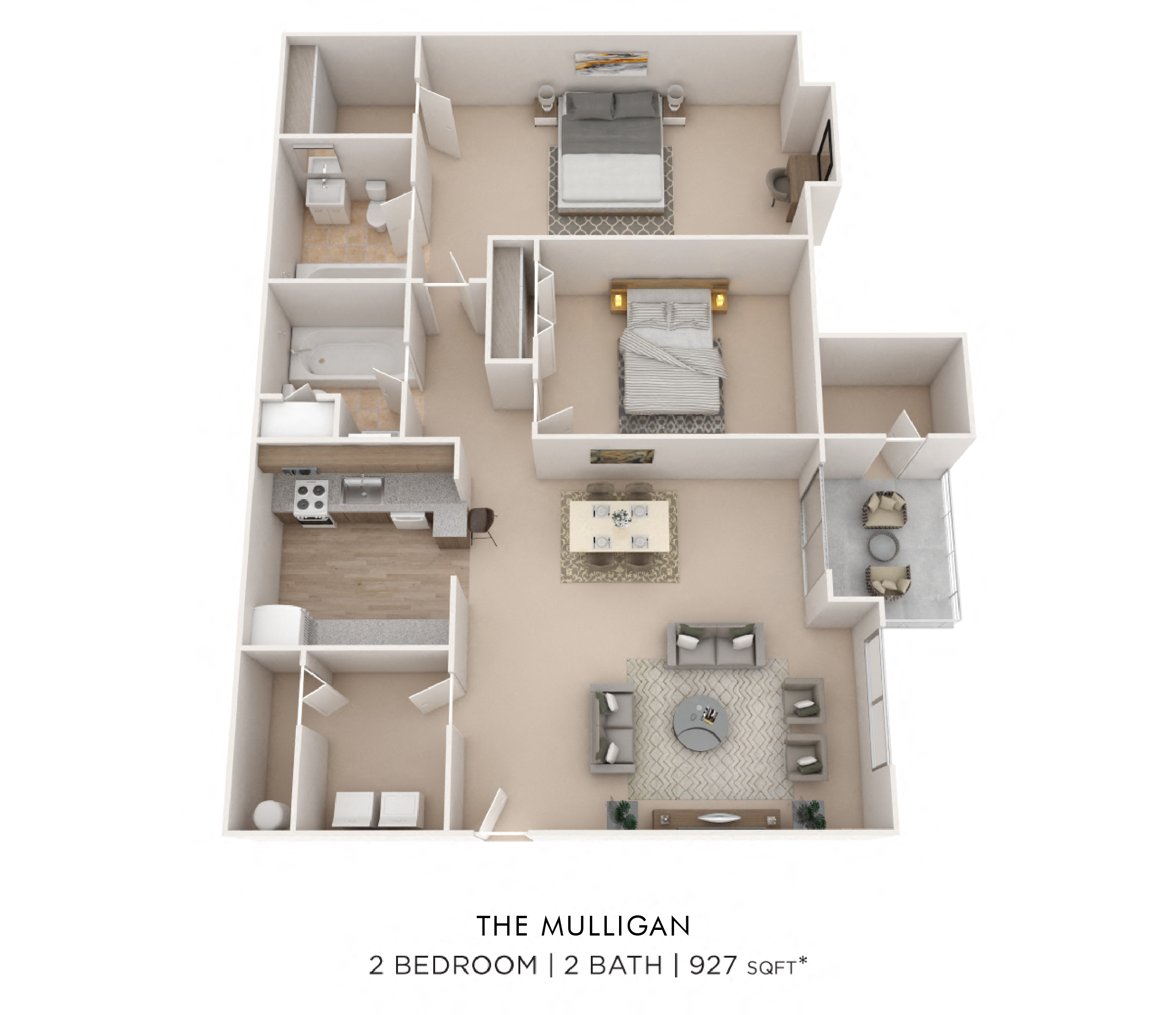 Floor plan for 2 beds, 2 baths, 927 sqft